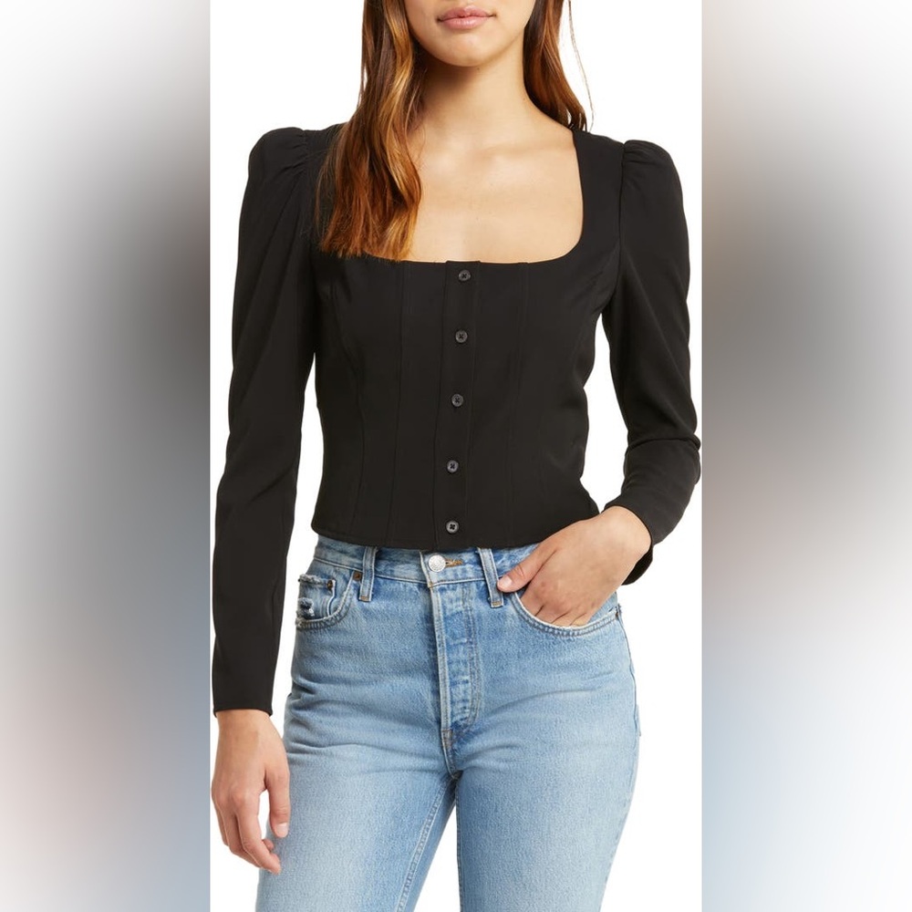 NWOT WAYF Unforgettable Long Sleeve Puff Shoulder Top - Black